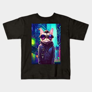 Techno Cat In Japan Neon City Kids T-Shirt